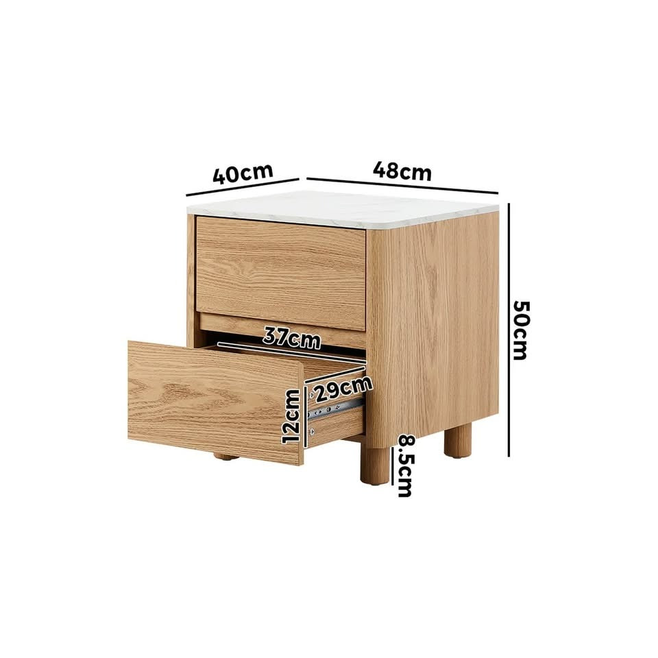 BT-COCO-2D-WD Oikiture Bedside Table Side End Table 2 Drawers Nightstand Marble Top Natural