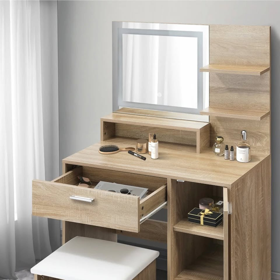 DT-BD-SHE-WD-AB Oikiture Dressing Table Stool Set Makeup Mirror LED Light Large Cabinet Natural