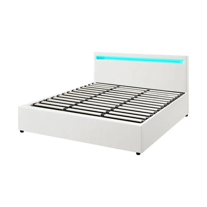 BF-B-MARC-K-WH-ABC Oikiture Bed Frame RGB LED King Size Gas Lift Storage Base White