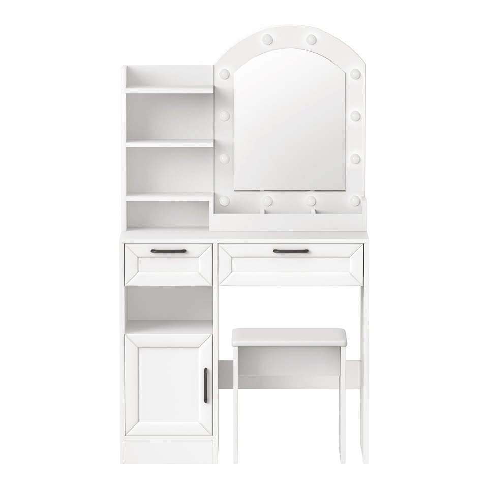 DT-BD-ARCH-WH-AB 2-Piece Diana LED Dressing Table & Stool Set White