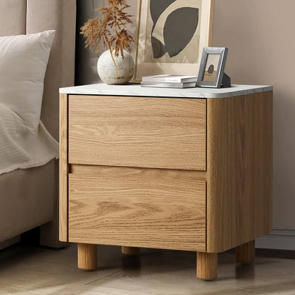BT-COCO-2D-WD Oikiture Bedside Table Side End Table 2 Drawers Nightstand Marble Top Natural