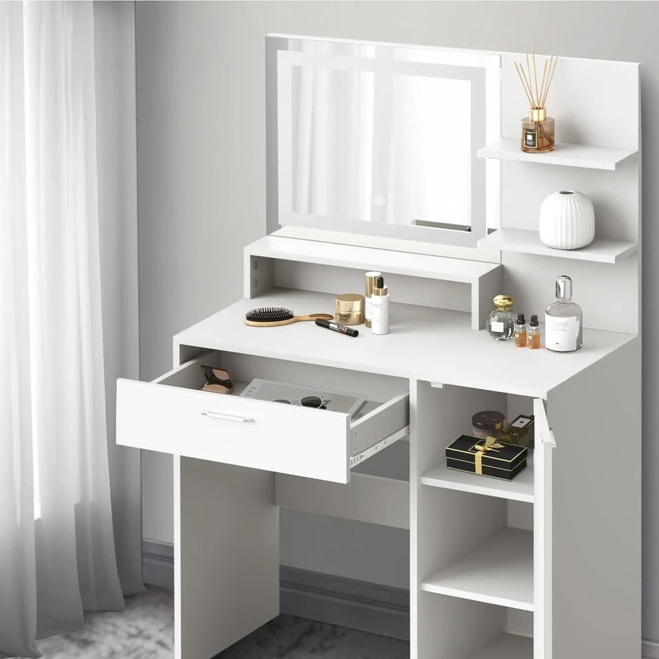DT-BD-SHE-WH Oikiture Dressing Table Stool Set Makeup Mirror LED Light Large Cabinet White