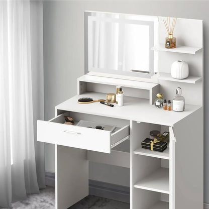 DT-BD-SHE-WH Oikiture Dressing Table Stool Set Makeup Mirror LED Light Large Cabinet White