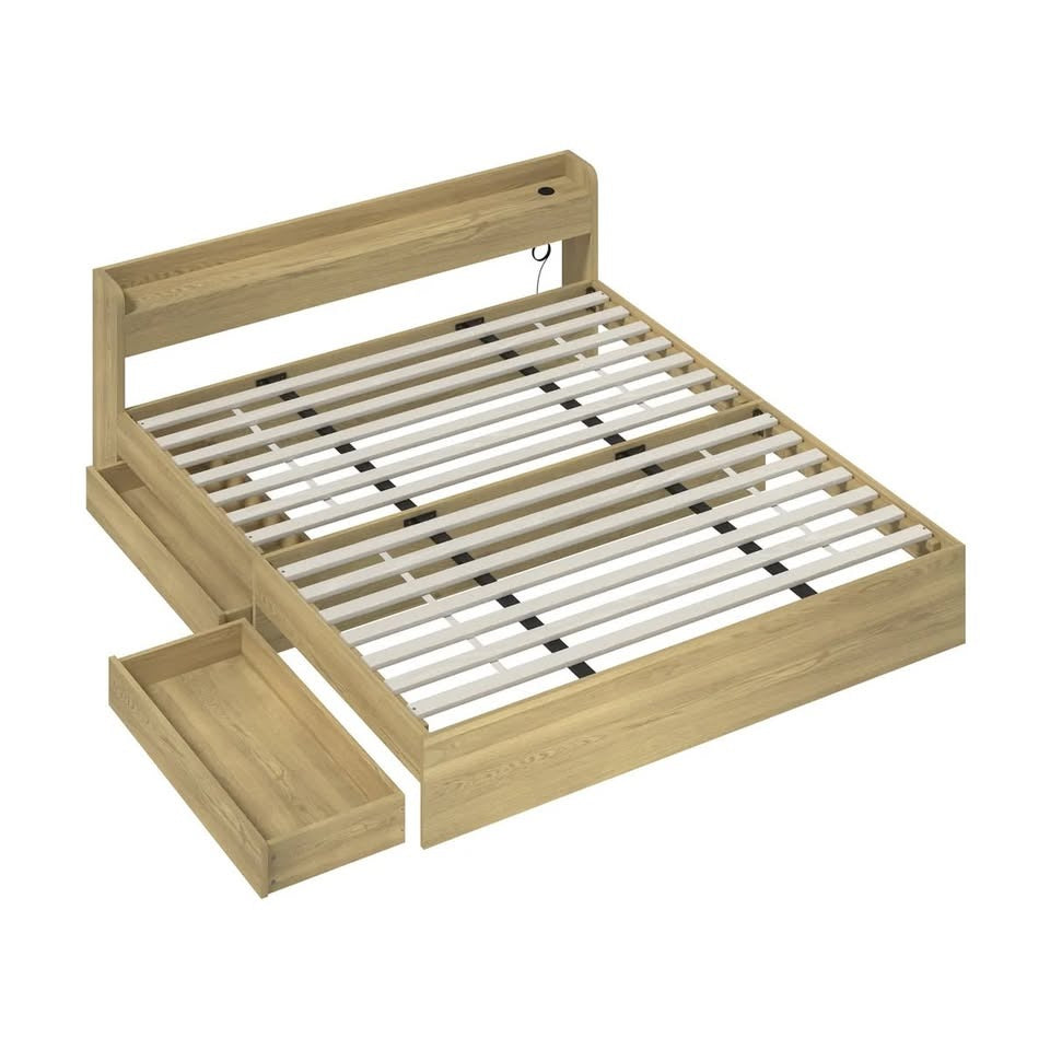BF-MEXI-K-WD-TC-ABC Oikiture Wooden Bed Frame King Size with Charging Ports & 2 Drawers