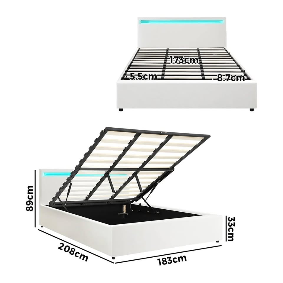 BF-B-MARC-K-WH-ABC Oikiture Bed Frame RGB LED King Size Gas Lift Storage Base White