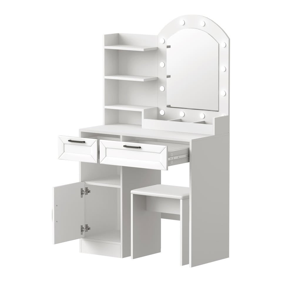 DT-BD-ARCH-WH-AB 2-Piece Diana LED Dressing Table & Stool Set White