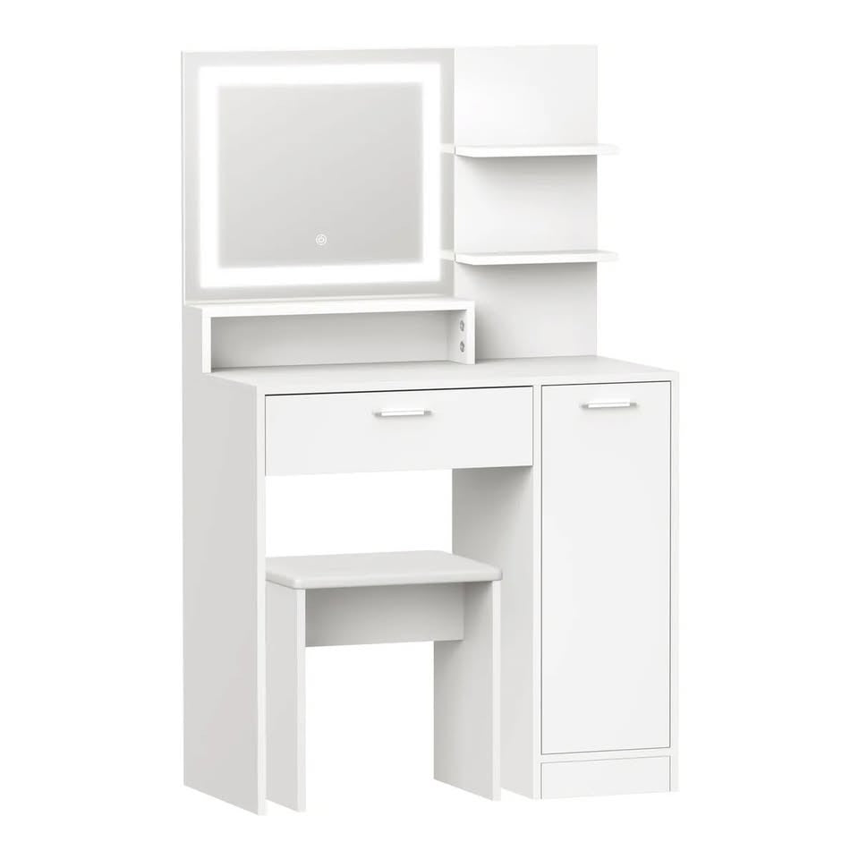 DT-BD-SHE-WH Oikiture Dressing Table Stool Set Makeup Mirror LED Light Large Cabinet White