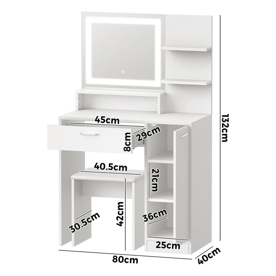 DT-BD-SHE-WH Oikiture Dressing Table Stool Set Makeup Mirror LED Light Large Cabinet White