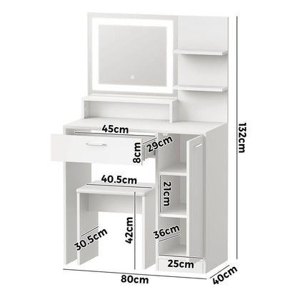 DT-BD-SHE-WH Oikiture Dressing Table Stool Set Makeup Mirror LED Light Large Cabinet White