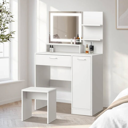 DT-BD-SHE-WH Oikiture Dressing Table Stool Set Makeup Mirror LED Light Large Cabinet White