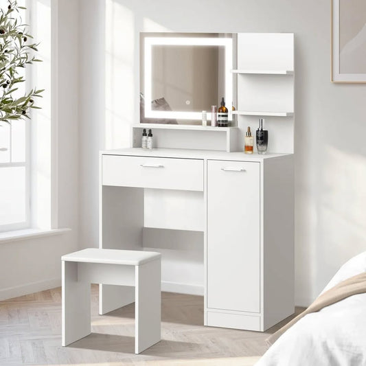 DT-BD-SHE-WH Oikiture Dressing Table Stool Set Makeup Mirror LED Light Large Cabinet White