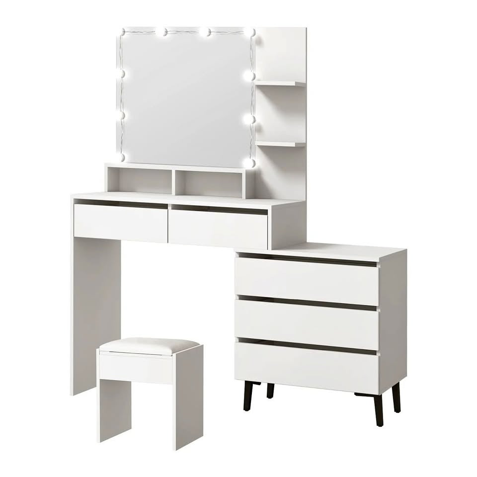 DT-ST-B20-WH-AB Oikiture Dressing Table Stool Set Makeup Mirror 10 LED Bulbs Cabinet White