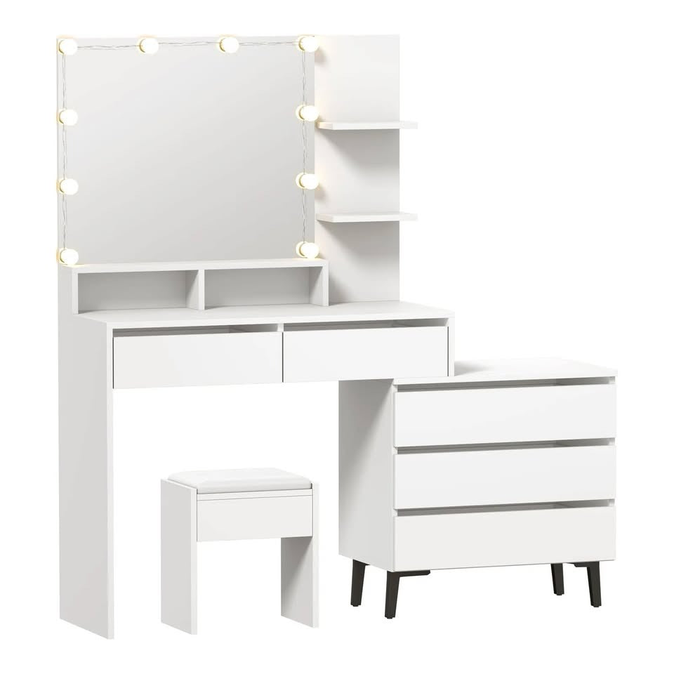 DT-ST-B20-WH-AB Oikiture Dressing Table Stool Set Makeup Mirror 10 LED Bulbs Cabinet White