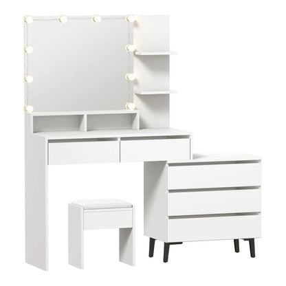 DT-ST-B20-WH-AB Oikiture Dressing Table Stool Set Makeup Mirror 10 LED Bulbs Cabinet White