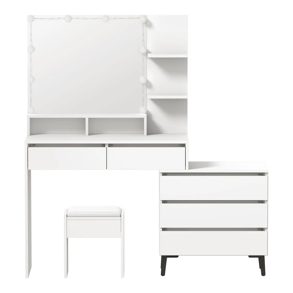 DT-ST-B20-WH-AB Oikiture Dressing Table Stool Set Makeup Mirror 10 LED Bulbs Cabinet White