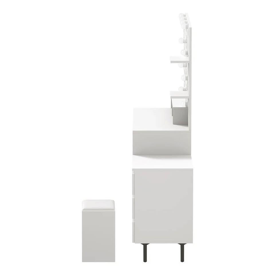 DT-ST-B20-WH-AB Oikiture Dressing Table Stool Set Makeup Mirror 10 LED Bulbs Cabinet White