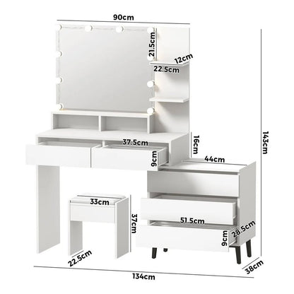 DT-ST-B20-WH-AB Oikiture Dressing Table Stool Set Makeup Mirror 10 LED Bulbs Cabinet White