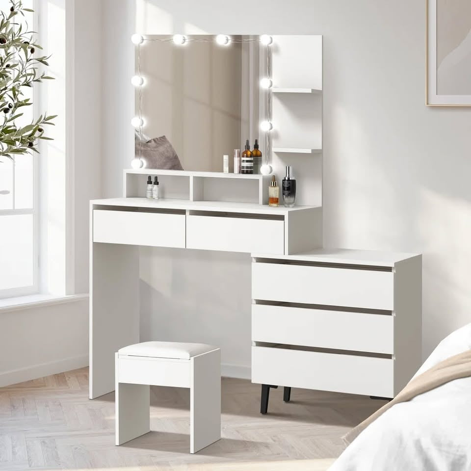 DT-ST-B20-WH-AB Oikiture Dressing Table Stool Set Makeup Mirror 10 LED Bulbs Cabinet White
