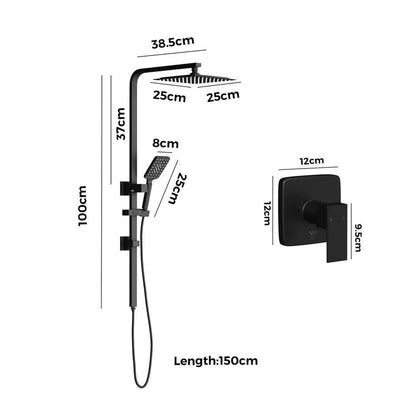 SH-LG-SQ-250-MIX-BK Welba 10" Rain Shower Head Set Square Handheld With Shower Mixer Tap Black