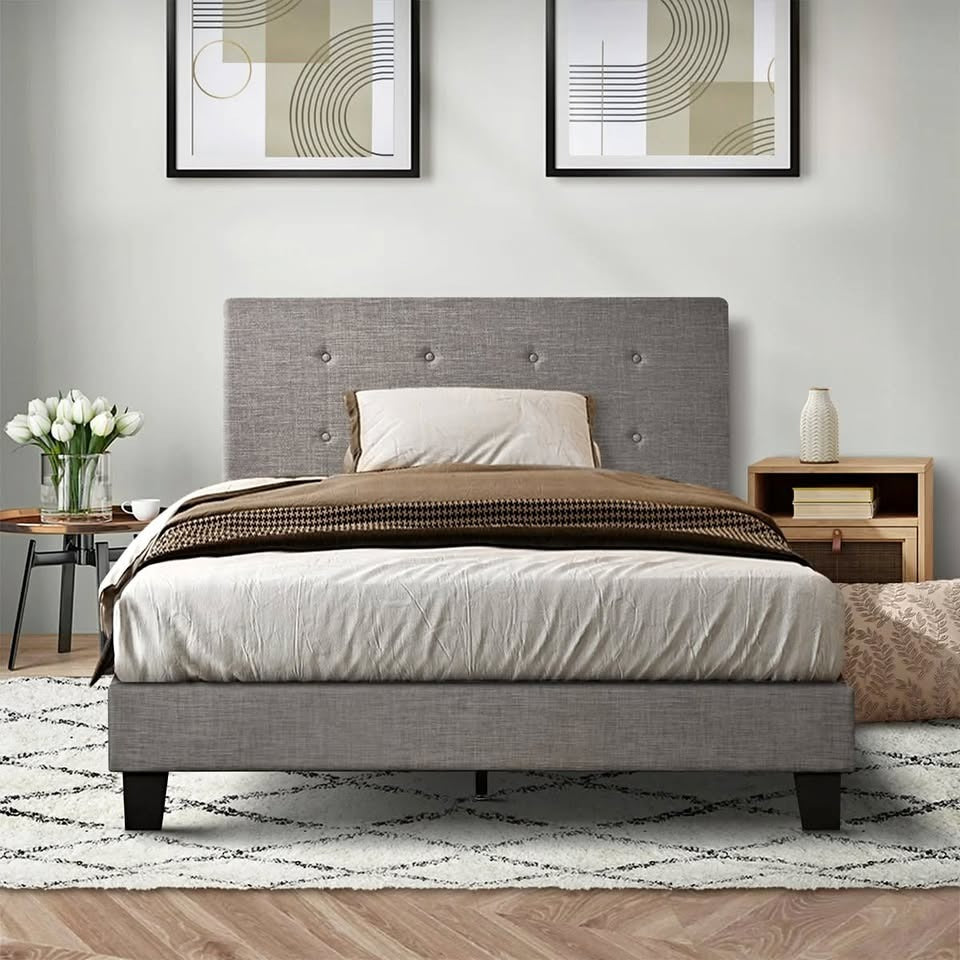BF-B-POLO-KS-GY-AB Oikiture Bed Frame King Single Bed Platform Wooden Fabric Grey