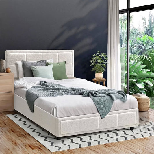 BF-B-BOSS-KS-WH-ABC Oikiture Bed Frame King Single Gas Lift Storage Bed Platform Boucle White