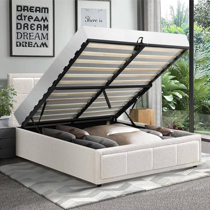 BF-B-BOSS-KS-WH-ABC Oikiture Bed Frame King Single Gas Lift Storage Bed Platform Boucle White