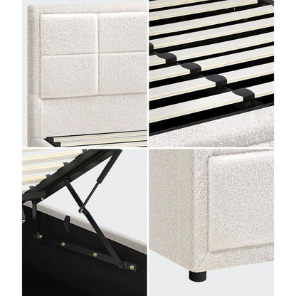 BF-B-BOSS-KS-WH-ABC Oikiture Bed Frame King Single Gas Lift Storage Bed Platform Boucle White