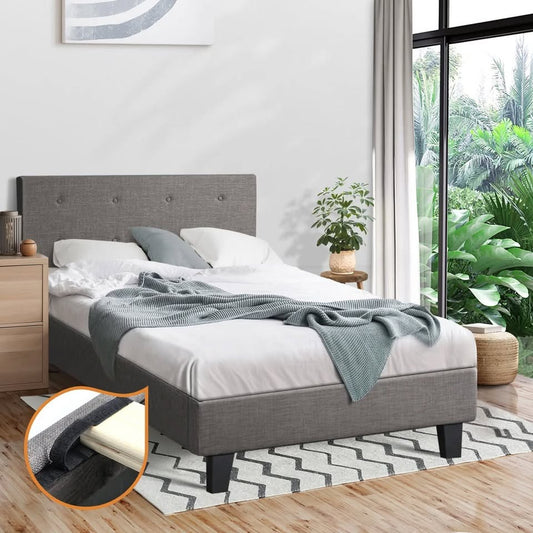 BF-B-POLO-KS-GY-AB Oikiture Bed Frame King Single Bed Platform Wooden Fabric Grey