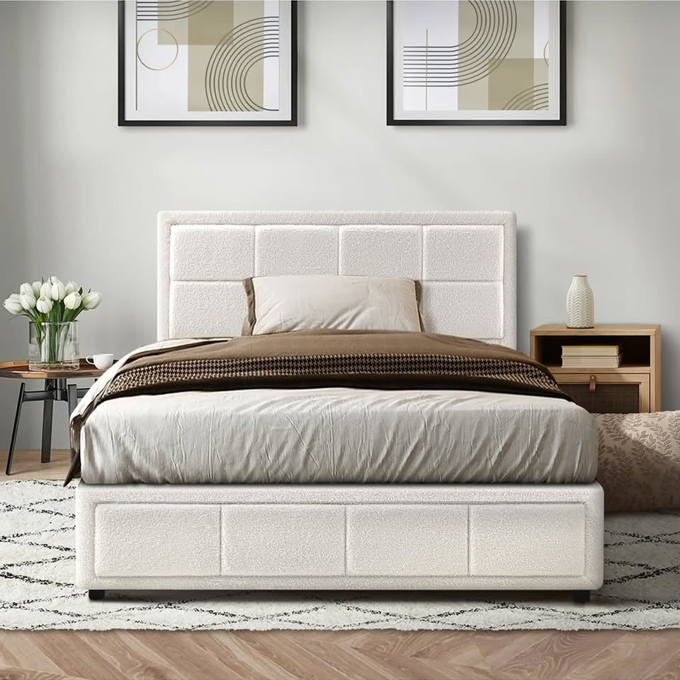 BF-B-BOSS-KS-WH-ABC Oikiture Bed Frame King Single Gas Lift Storage Bed Platform Boucle White
