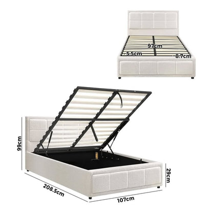 BF-B-BOSS-KS-WH-ABC Oikiture Bed Frame King Single Gas Lift Storage Bed Platform Boucle White