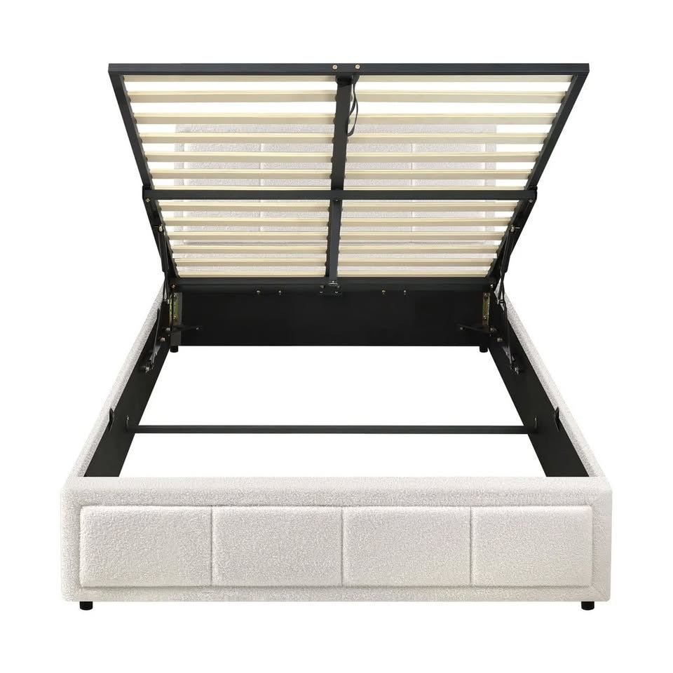BF-B-BOSS-KS-WH-ABC Oikiture Bed Frame King Single Gas Lift Storage Bed Platform Boucle White