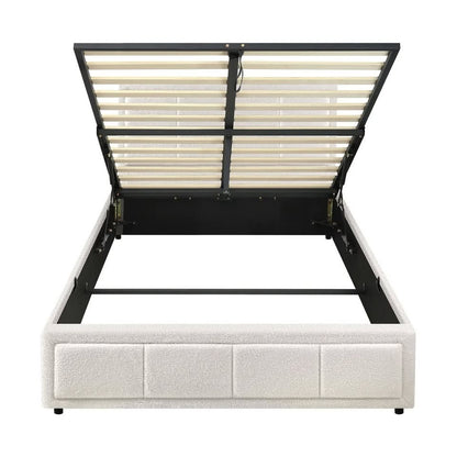 BF-B-BOSS-KS-WH-ABC Oikiture Bed Frame King Single Gas Lift Storage Bed Platform Boucle White