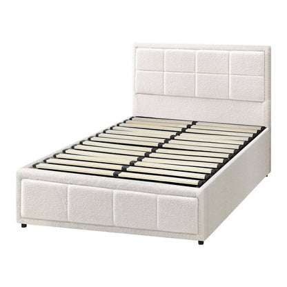 BF-B-BOSS-KS-WH-ABC Oikiture Bed Frame King Single Gas Lift Storage Bed Platform Boucle White