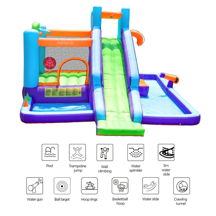 ITOY-MGPK-11+ITOY-BLOW-75-GN AirMyFun Inflatable WaterSlide Trampoline Castle Bounce House Splash Jumping Toy