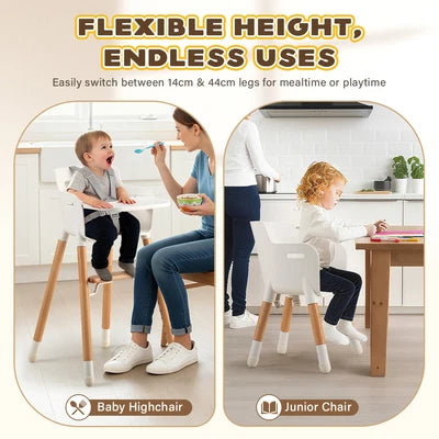 KID-HC1002-WH PlayPals Baby High Chair Beech Wood 2 Height Modes Adjustable Footrest