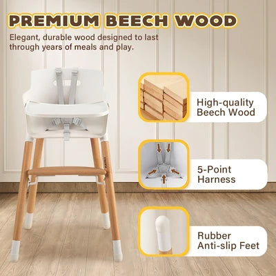 KID-HC1002-WH PlayPals Baby High Chair Beech Wood 2 Height Modes Adjustable Footrest