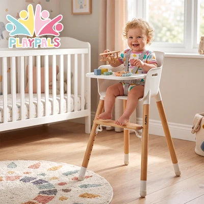KID-HC1002-WH PlayPals Baby High Chair Beech Wood 2 Height Modes Adjustable Footrest