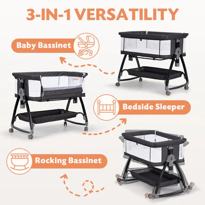 KID1018-BK PlayPals 3-in-1 Baby Cot Crib Bed Bassinet Bedside Sleeper Portable Black
