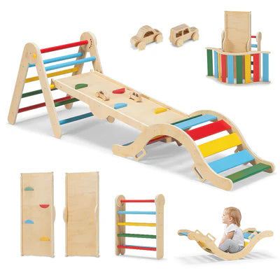 KID1038-02 PlayPals 6-In-1 Pikler Triangle Set Wooden Montessori Climbing for Toddlers