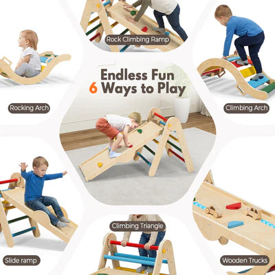 KID1038-02 PlayPals 6-In-1 Pikler Triangle Set Wooden Montessori Climbing for Toddlers
