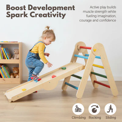 KID1038-02 PlayPals 6-In-1 Pikler Triangle Set Wooden Montessori Climbing for Toddlers