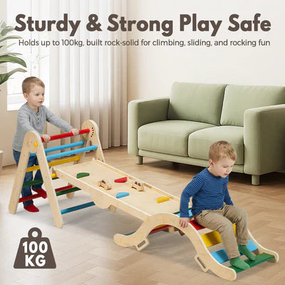 KID1038-02 PlayPals 6-In-1 Pikler Triangle Set Wooden Montessori Climbing for Toddlers