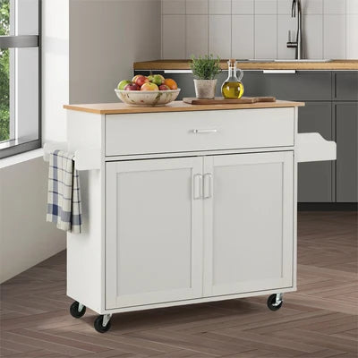 KT-CLEO-WHWD Oikiture Kitchen Island Trolley Rolling Storage Cart with Drawer & Towel Rack