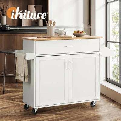 KT-CLEO-WHWD Oikiture Kitchen Island Trolley Rolling Storage Cart with Drawer & Towel Rack