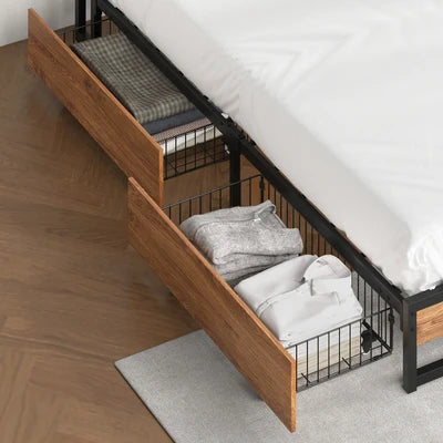 MBF-E-4DRAW-XL-BK Oikiture 4x Bed Frame Storage Drawers with Wheels Metal Brown