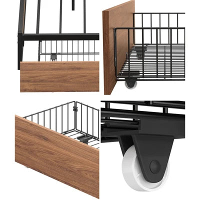 MBF-E-4DRAW-XL-BK Oikiture 4x Bed Frame Storage Drawers with Wheels Metal Brown