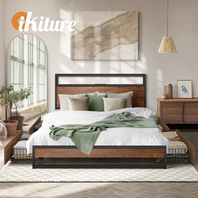 MBF-E-4DRAW-XL-BK Oikiture 4x Bed Frame Storage Drawers with Wheels Metal Brown
