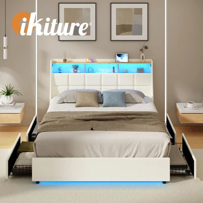 MBF-4DRAW-L-BE Oikiture 4x Trundle Drawers for Bed Frame w/ Wheels Underbed Storage Metal Beige