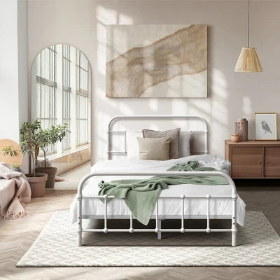 MBF-E-CAS-KS-WH Oikiture Bed Frame Metal Bed Base King Single Size Bed Platform White