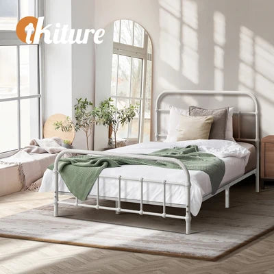 MBF-E-CAS-KS-WH Oikiture Bed Frame Metal Bed Base King Single Size Bed Platform White
